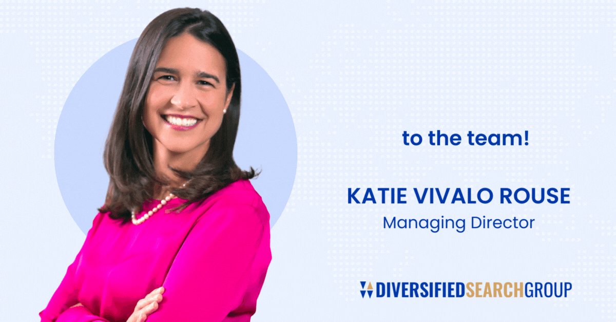 A woman with shoulder-length dark brown hair looks at the camera. Text to her side says "Welcome to the team! Katie Vivalo Rouse, Managing Director."